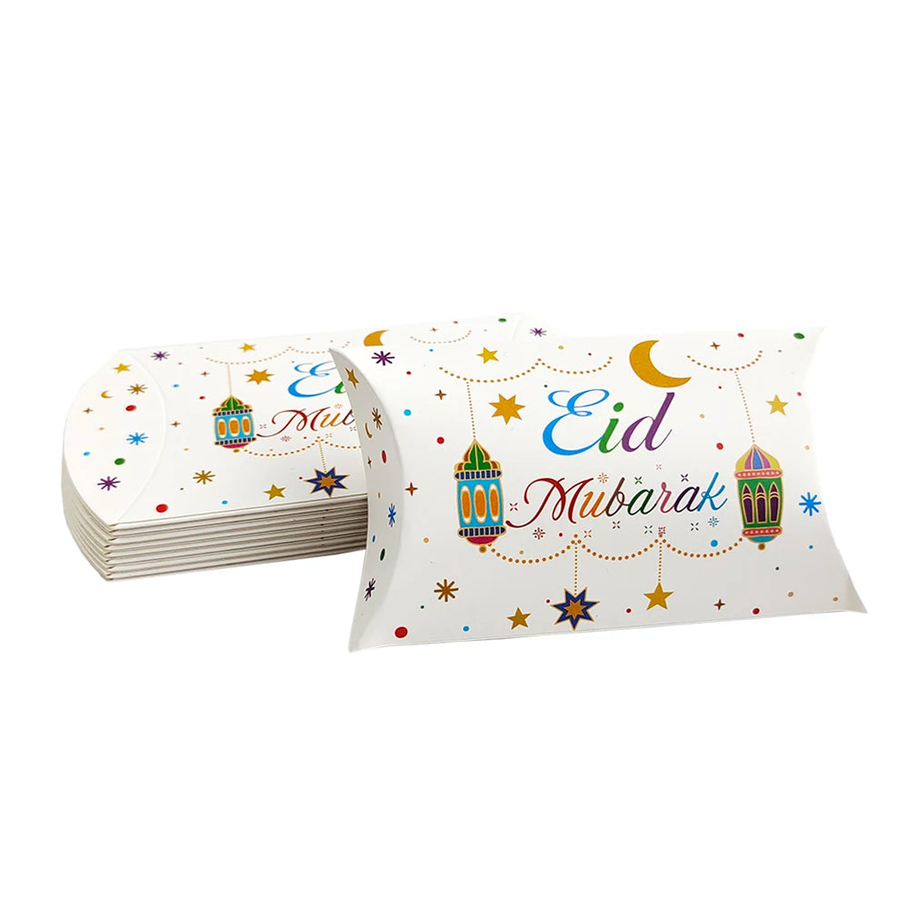 10pcs Eid Mubarak Gift Kraft Bag Box Pillow Candy Cookie Chocolate Paper Box Ramadan Kareem Decoration Party Supplies Kids Gift