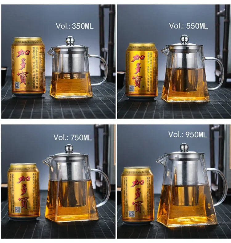 Heat-Resistant Glass Square Teapot With Stainless Steel Filter Baskets, Clear Kettle, Brewing Tea Pot, Heatable Pitcher, Jug