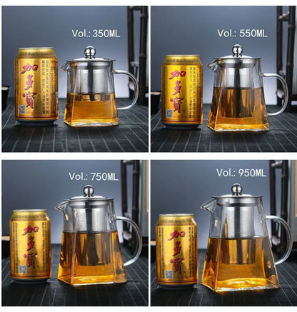Heat-Resistant Glass Square Teapot With Stainless Steel Filter Baskets, Clear Kettle, Brewing Tea Pot, Heatable Pitcher, Jug