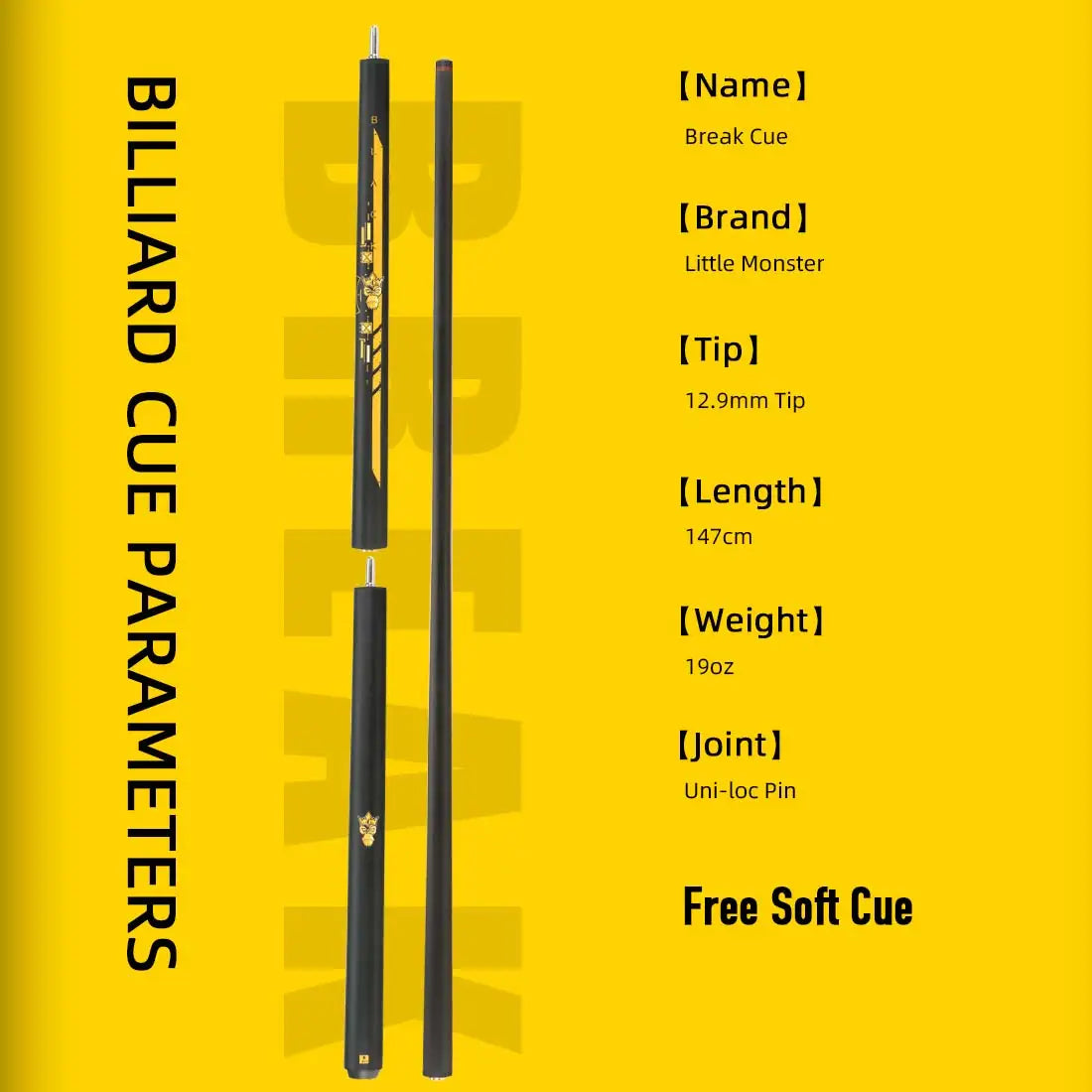 2 in 1 Little Monster 58" Black Evil Carbon Energy Break Punch Kick-Off Jump Billiard Pool Cue Stick 12.9mm