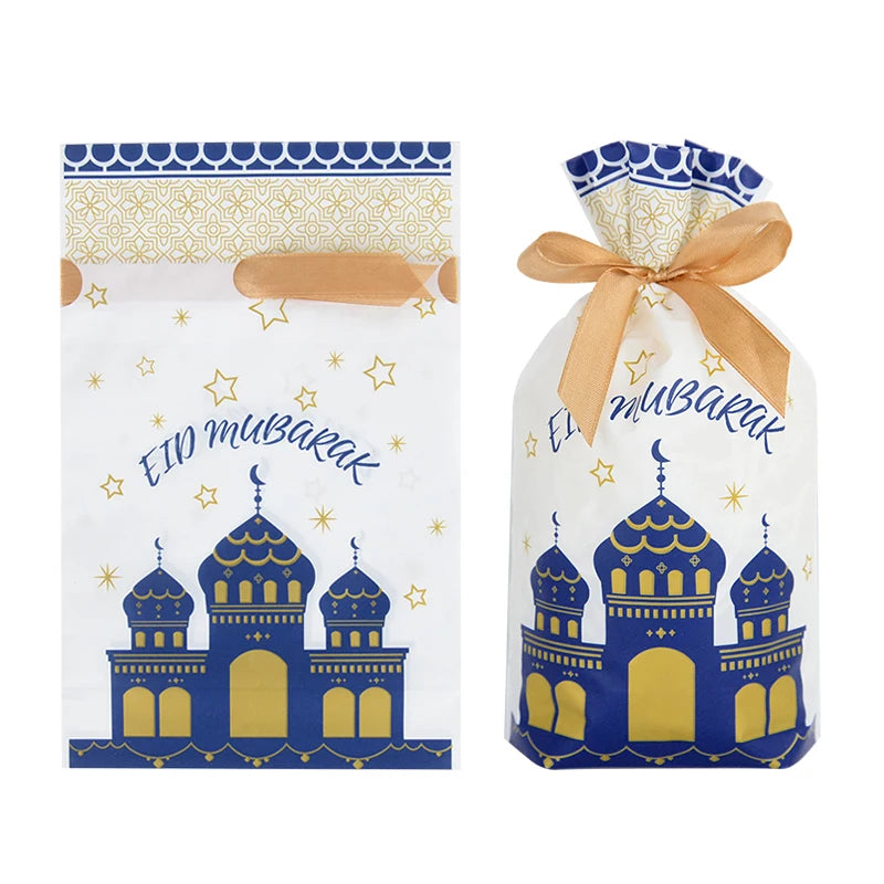 10-50Pcs Eid Mubarak Candy Bags Drawstring Cookie Gift Packaging Bag Islamic Muslim Party Supplies 2024 Ramadan Kareem Decor