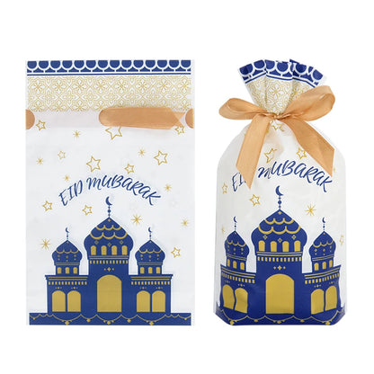 10-50Pcs Eid Mubarak Candy Bags Drawstring Cookie Gift Packaging Bag Islamic Muslim Party Supplies 2024 Ramadan Kareem Decor