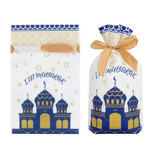 10-50Pcs Eid Mubarak Candy Bags Drawstring Cookie Gift Packaging Bag Islamic Muslim Party Supplies 2024 Ramadan Kareem Decor