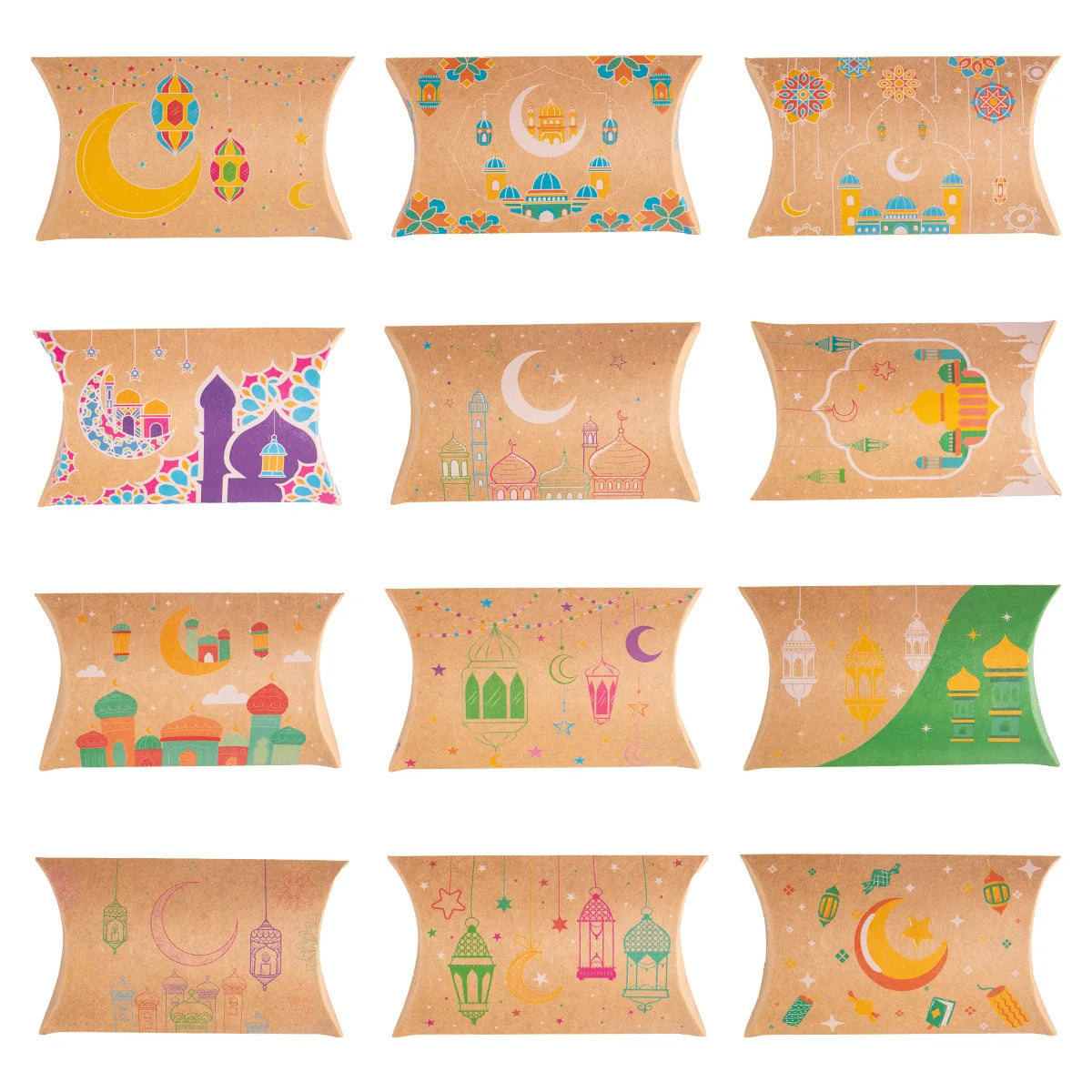 12pcs Eid Mubarak Gift Kraft Bag Box Pillow Shape Candy Box Ramadan Kareem Decoration Gift Packaging Muslim Islamic Party Favor