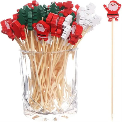50Pcs/Set Christmas Fruit Sticks Disposable Bamboo Sticks Snowflake Christmas Tree Elk Santa Claus Snowman Sticks Xmas Ornaments