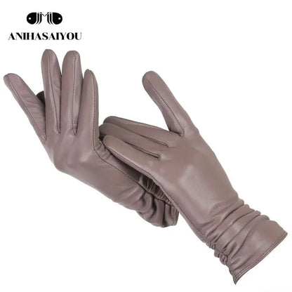 Classic Pleated Leather Gloves Women Color Real Leather Gloves Women Sheepskin Genuine Leather Winter Gloves Women-2081