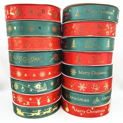 5yards 25mm Christmas Ribbon Printing Polyester Ribbon for Handmade Bow Party Christmas Decorations DIY Christmas Gift Wrapping