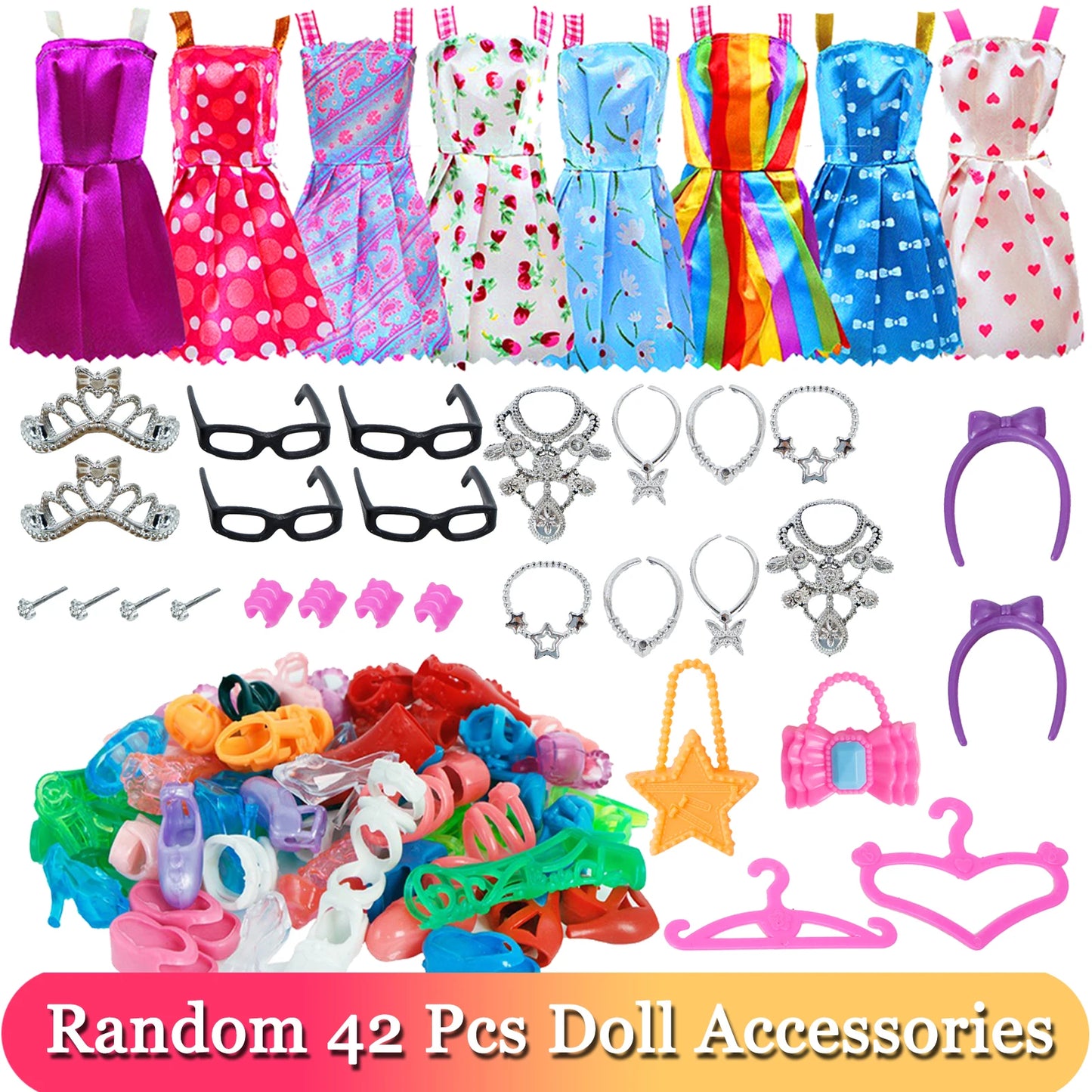 32 Item/Set Doll Accessories=10 Mix Fashion Cute Dress+ 4 Glasses+ 6 Necklaces+2 Handbag+ 10 Shoes Dress Clothes for Barbie Doll