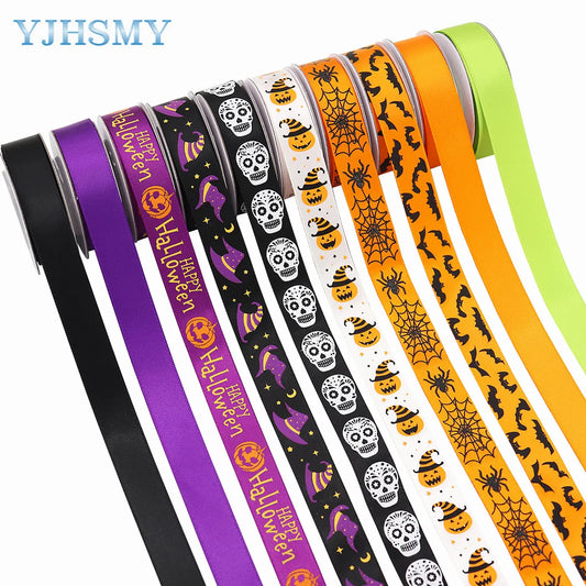 5/8'' Wide Halloween Ribbons Satin Ribbon Pumpkin Ghost Skull Printed Halloween Wrapping Ribbon for Halloween Theme DIY Craft