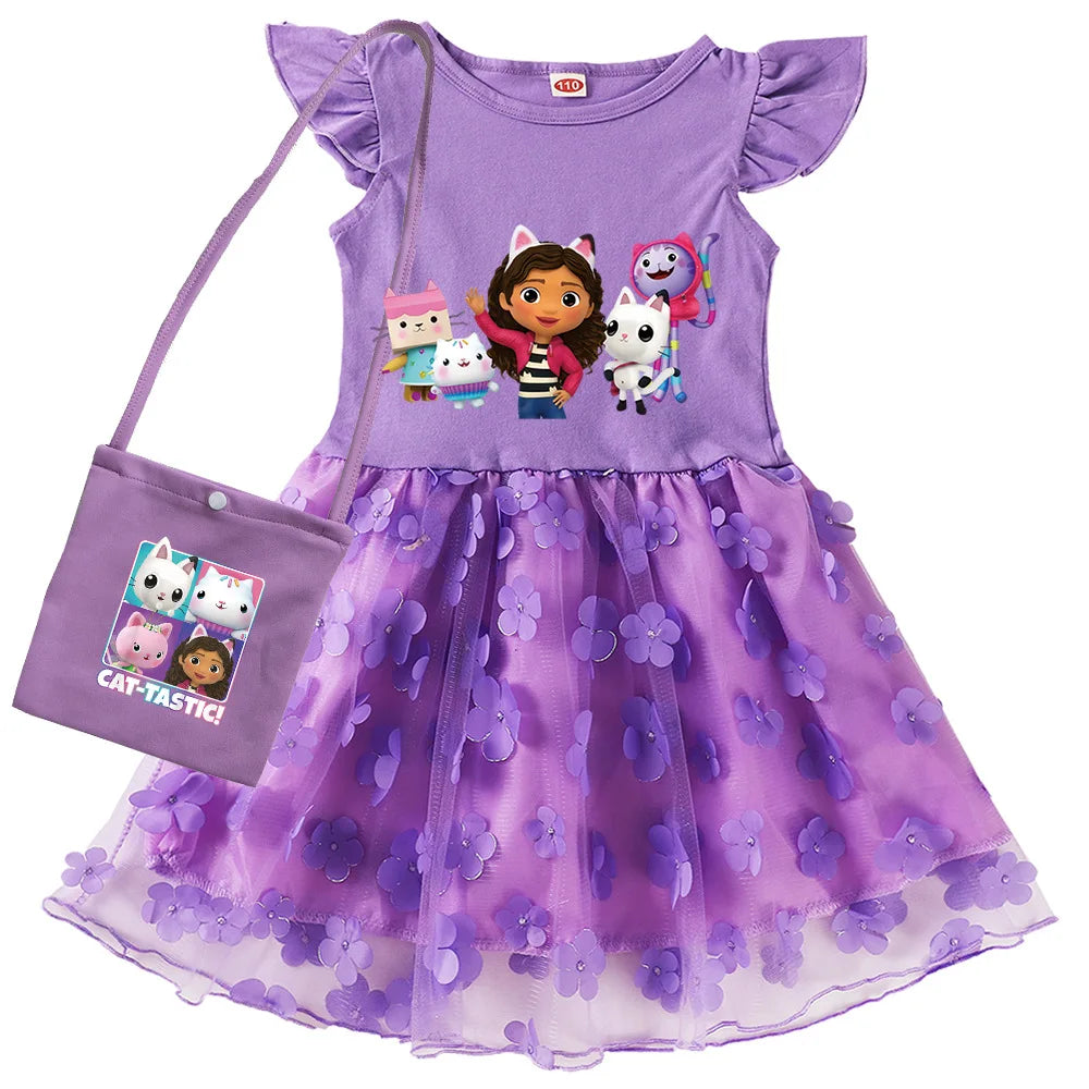 Vestidos Gabbys Dollhouse Clothes Kids Cartoon Gabby Chat Dress Baby Girls Summer Short Sleeve Casual Dresses and Bag & Headband
