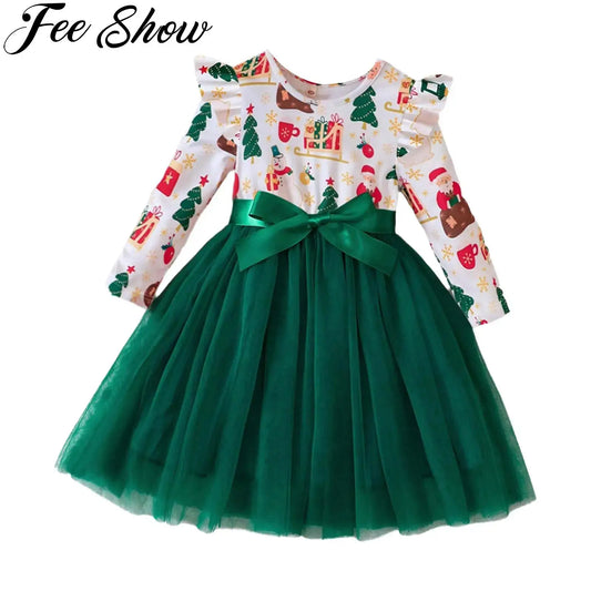 Toddler Baby Girls Christmas Dress Long Sleeve High Waist A-Line Tulle Dresses Kids Holiday Festival Party Fall Winter Clothes