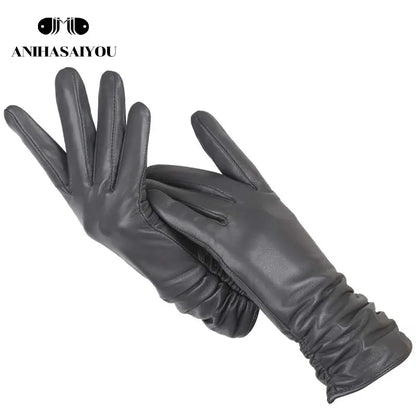 Classic Pleated Leather Gloves Women Color Real Leather Gloves Women Sheepskin Genuine Leather Winter Gloves Women-2081