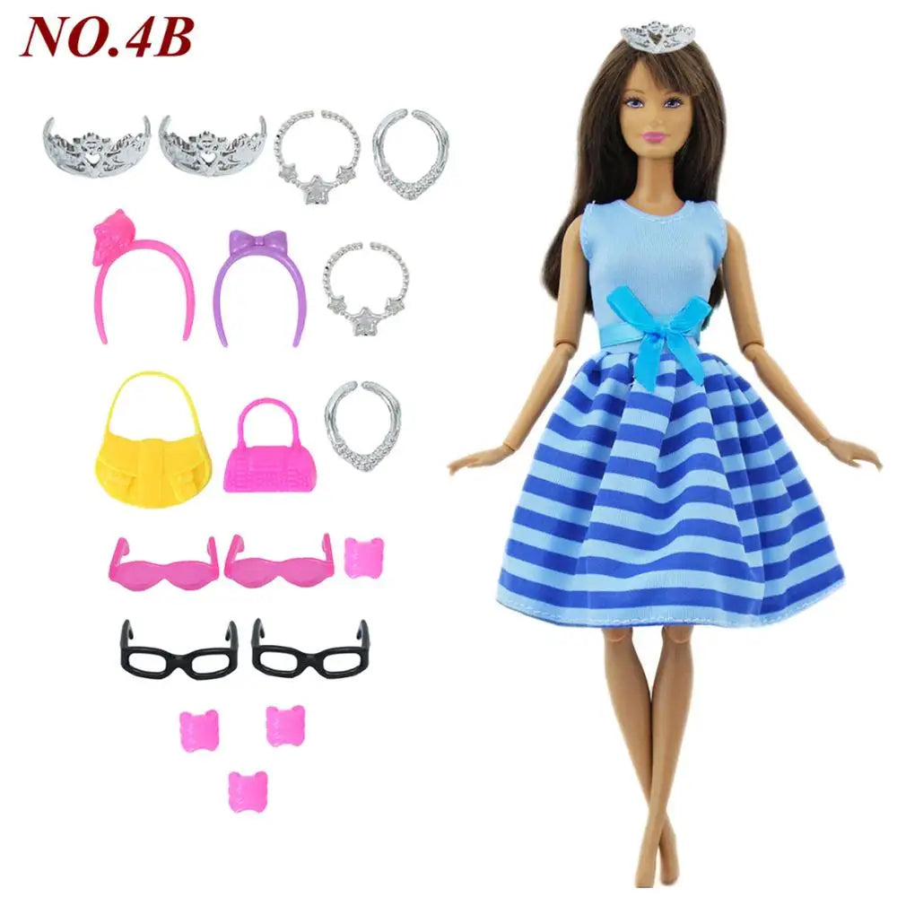 14 Pcs / Lot = 1x Fairy Tale Doll Dress + 13x Random Accessories Shoes Handbag Glasses Clothes for Barbie Doll Girl Baby Toys