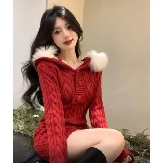 Winter New Christmas Stylish Waist Slimming Long Sleeve Hooded Knitted Red Dress Spicy Girl Sexy Wrap Hip Mini Dress for Women
