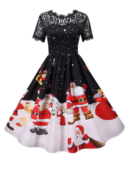 Lace Christmas Dress Women New Short Sleeve Print High Waist Elegant Vintage Winter Xmas Party Sundress 3XL Robe
