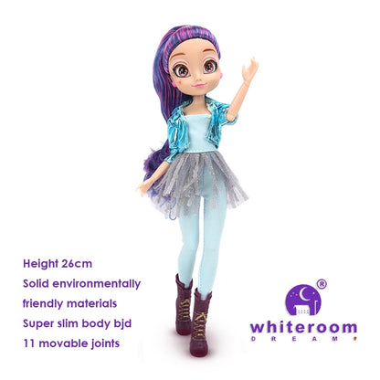 Slim 26cm Bjd Doll for Girl Purple Hair Big Eyes Fashion Princess Clothes Suit Accessories Decoration Eyelash Solid Doll Gift