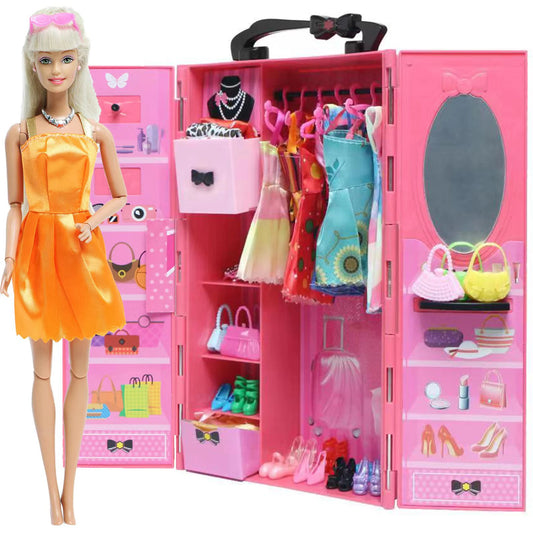 43 Pcs/Set Mix Style Doll Furniture Wardrobe Mini Dress Shoes Glasses Bag Hangers 40 Accessories for Barbie Doll Kids Gift Toys