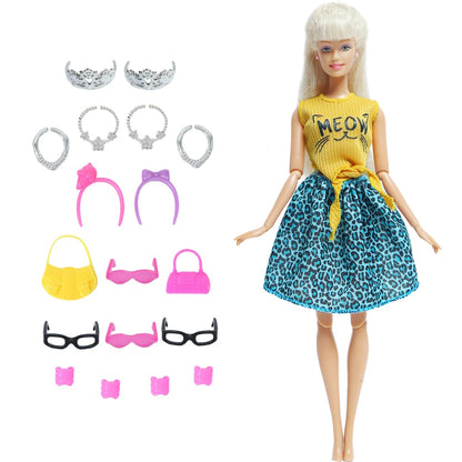 14 Pcs / Lot = 1x Fairy Tale Doll Dress + 13x Random Accessories Shoes Handbag Glasses Clothes for Barbie Doll Girl Baby Toys