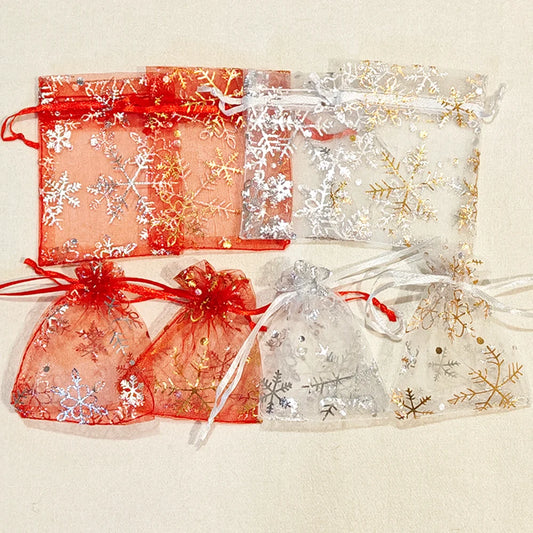 25/50/100pcs Hot Printing Organza Gift Bag for Jewelry Snowflake Drawstring Pouches for Wedding Christmas Party Candy Packing
