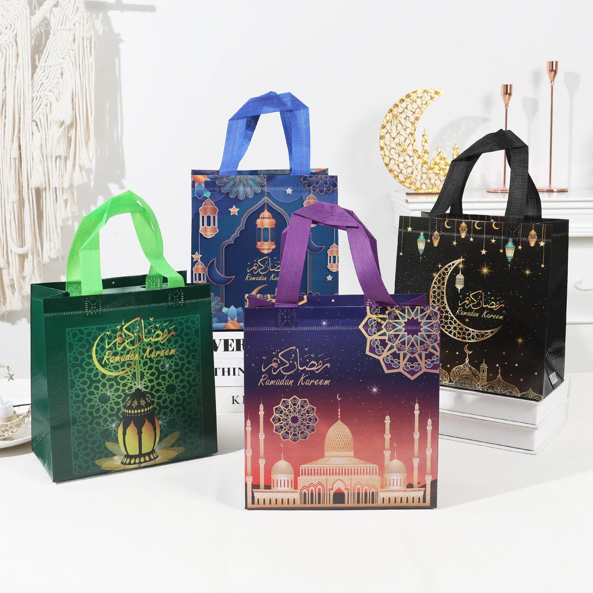 4Pcs Eid Mubarak Gift Bag Ramadan Decor 2024 Nonwoven Pouch Cookie Candy Packaging Bags Muslim Islamic Ramadan Kareem Supplies