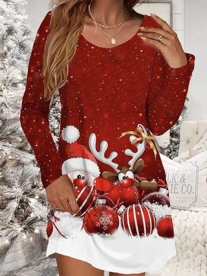 Women's Red Christmas Dress Casual Christmas Snowman Snowflake Print Mini Dress Long Sleeve O-Neck Autumn Woman Dress