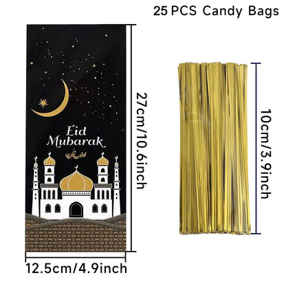 50pcs Eid Mubarak Gift Bags Plastic Bag Cookie Candy Ramadan Kareem Decoration 2024 Islamic Muslim Party Packaging Bag Pouch