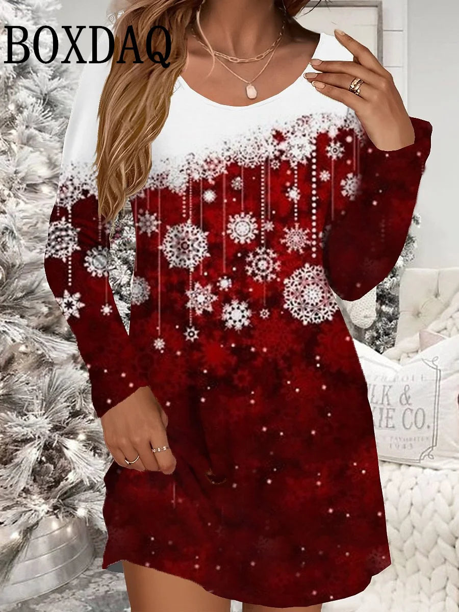 Autumn Winter Women Dresses Christmas Snowflake Print Dress Casual Party Clothing Long Sleeve Women's Loose A-Line Mini Dresses