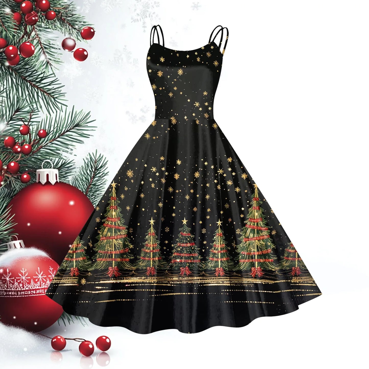 Women Christmas Casual Suspender Dresses Vintage Sleeveless Dress Xmas Party Formal Vestidos Big Hem Swing for Woman Clothing