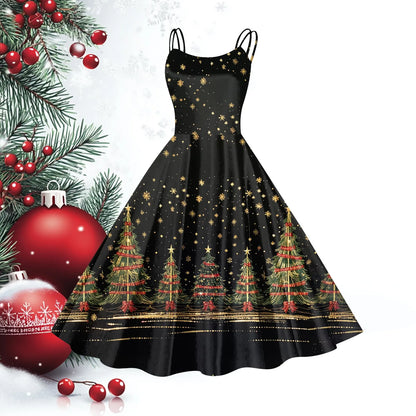 Women Christmas Casual Suspender Dresses Vintage Sleeveless Dress Xmas Party Formal Vestidos Big Hem Swing for Woman Clothing