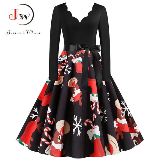 Black Big Swing Print Vintage Christmas Dress Women Winter Casual Long Sleeve v Neck Sexy New Year Party Dress S~3XL
