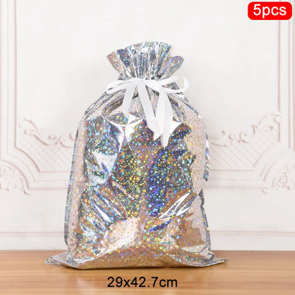 3/5Pcs Merry Christmas Drawstring Gift Bag New Year 2025 Large Candy Cookie Packaging Bag 2024 Navidad Christmas Home Decoration
