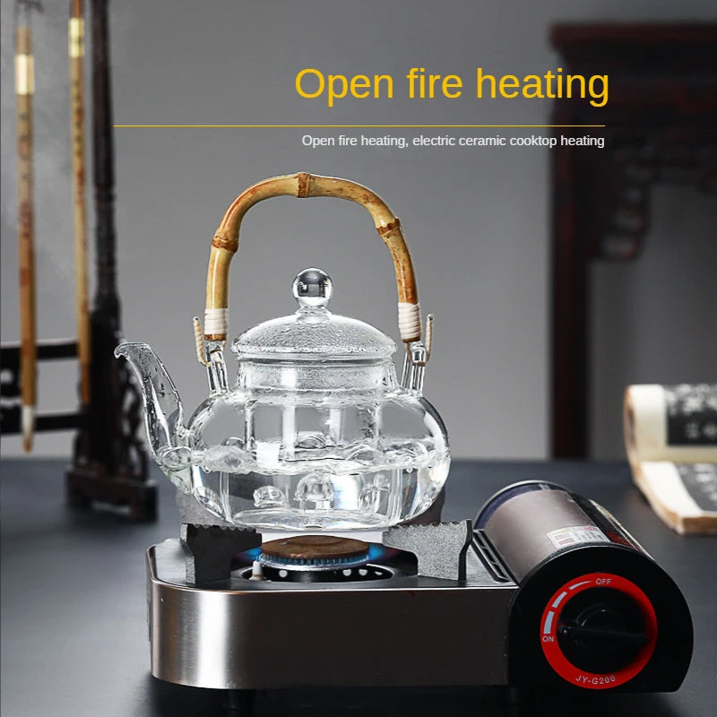 Bamboo Handle Beam Tea Pot Glass Teapot With Filter Heat Resistant Glass Teapot and Cup Set Pu Erh Puer Tea Brewing Kettle Pots