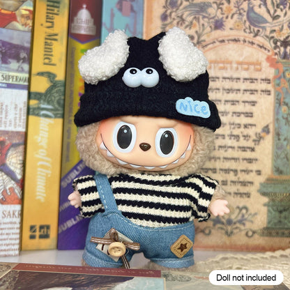 17cm Mini Doll'S Clothes Outfit Accessories for Korea Kpop Exo Labubu Idol V1 V2 Striped Sweater Overalls Glasses Hat Clothing
