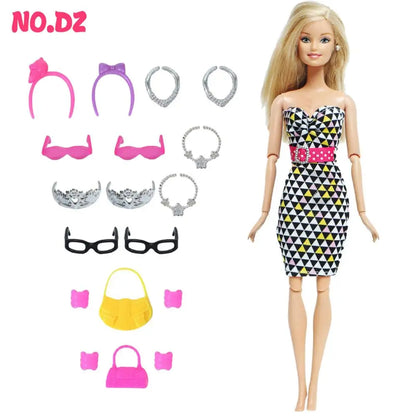 14 Pcs / Lot = 1x Fairy Tale Doll Dress + 13x Random Accessories Shoes Handbag Glasses Clothes for Barbie Doll Girl Baby Toys