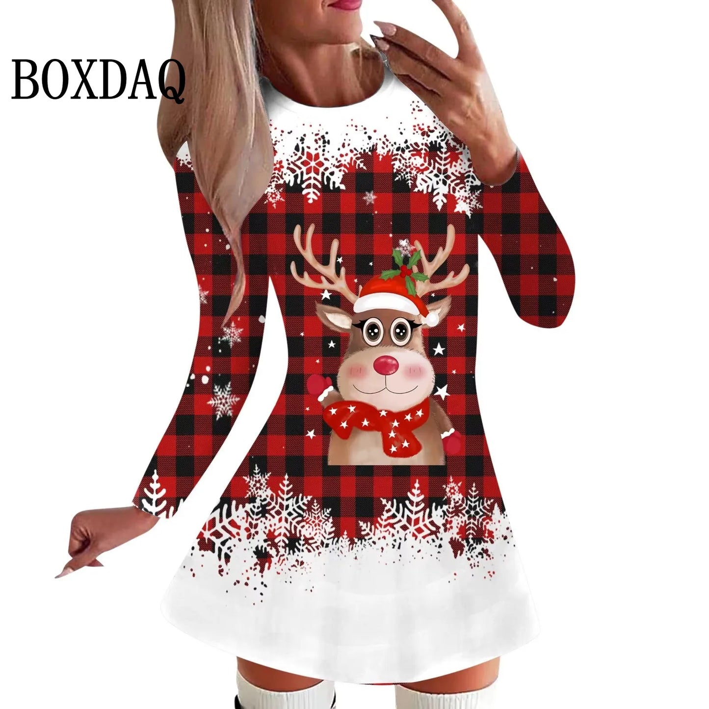Cartoon Elk Dress Women Cute Christmas Snowflake Print Dress Winter Long Sleeve A-Line Mini Dresses Fashion Xmas Party Clothes