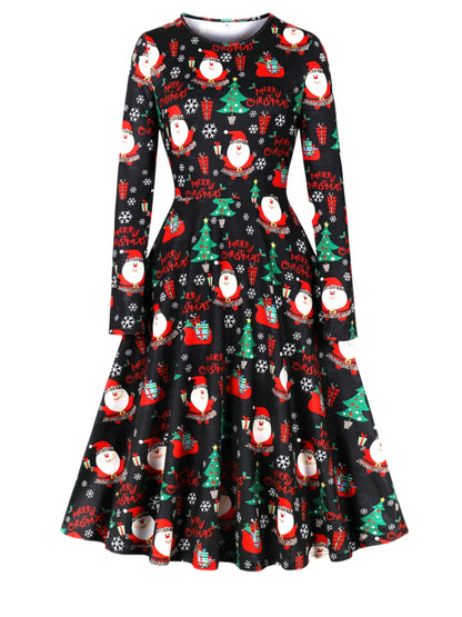 Holiday Sweet Girl Princess Dress Party Christmas Dress Fun Printed Round Neck and Leg Slimming Long Dress