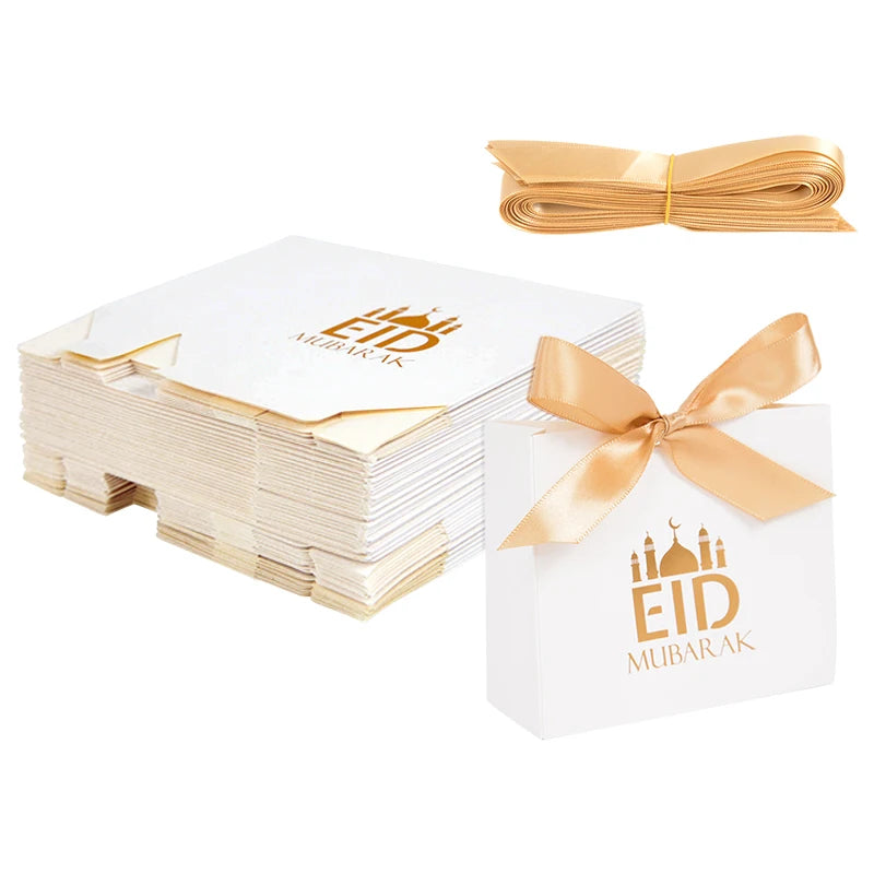 5/10pcs Eid Mubarak White Small Gift Bags With Bow Ribbon Ramadan Kareem Candy Cookie Favor Boxes Muslim Party Packaging Bags