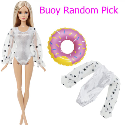 1x Doll Swimwear Beach Bathing Clothes Lovely Bikini Swimsuit + Random 1x Swimming Buoy Lifebelt Ring for Barbie Doll Baby Toys
