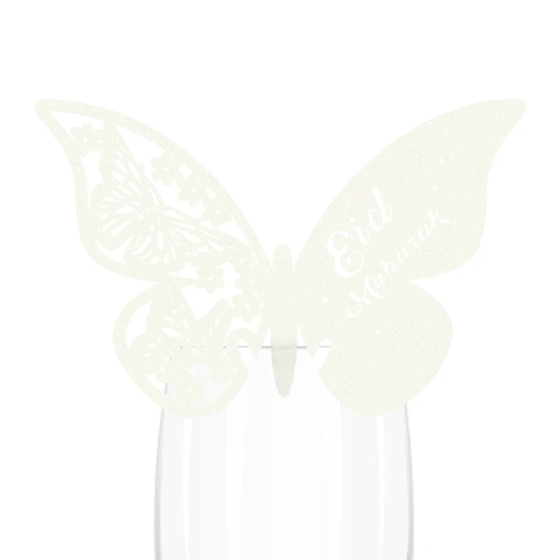 20pcs Eid Mubarak Hollow Butterfly Cup Card Wine Glass Paper Name Place Seat Card Wedding Party Ramadan Kareem Table Decorations