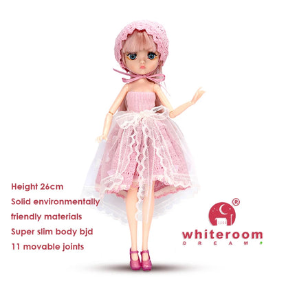 Slim 26cm Bjd Doll for Girl Purple Hair Big Eyes Fashion Princess Clothes Suit Accessories Decoration Eyelash Solid Doll Gift
