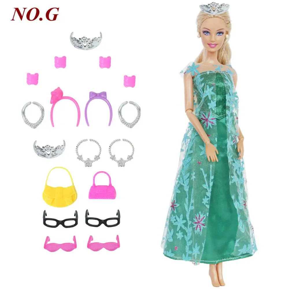 14 Pcs / Lot = 1x Fairy Tale Doll Dress + 13x Random Accessories Shoes Handbag Glasses Clothes for Barbie Doll Girl Baby Toys