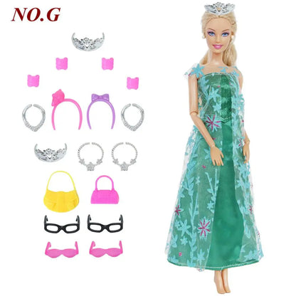 14 Pcs / Lot = 1x Fairy Tale Doll Dress + 13x Random Accessories Shoes Handbag Glasses Clothes for Barbie Doll Girl Baby Toys