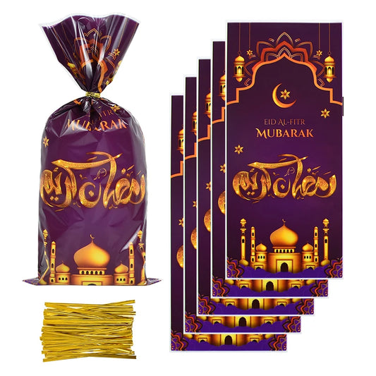 50pcs Eid Mubarak Candy Gift Bag Ramadan Kareem Decor 2024 Eid Gift Cookie Packaging Plastic Bag for Islamic Muslim Party Supply