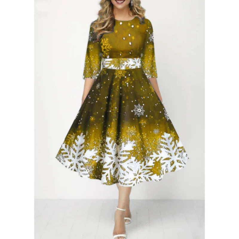 Christmas Style Women's Clothing New Fashion Personality Snowflake Digital Print Temperament Mid Sleeve Waist Cinching Dress Y2k