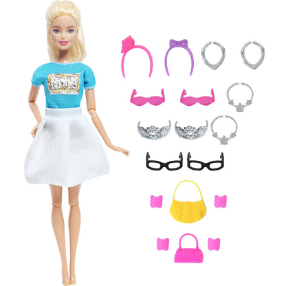 14 Pcs / Lot = 1x Fairy Tale Doll Dress + 13x Random Accessories Shoes Handbag Glasses Clothes for Barbie Doll Girl Baby Toys