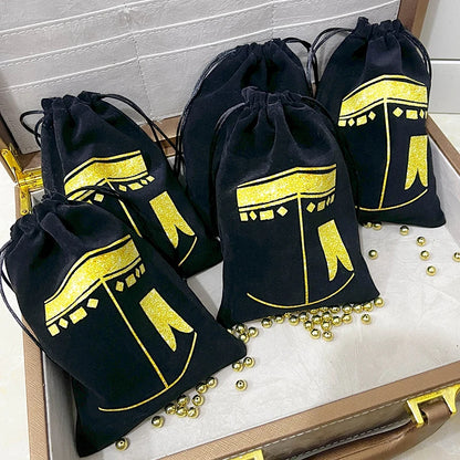 5pcs Black Kaaba Velvet Gift Bags Hajj Mubarak Umrah Mubarak Muslim Islamic Ramadan Kareem Happy Eid Al Adha Decoration  Present