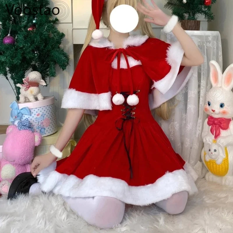 Autumn Winter Cute Christmas Red Shawl Dress Women Sweet Plush Patchwork Drawstring Party Mini Dress Female Kawaii Cloak Vestido