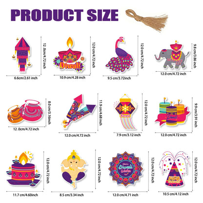 12Pcs/Bag Happy Diwali Theme Paper Tree Pendant Banner Hangers Background for India Diwali Festival Party Decoration