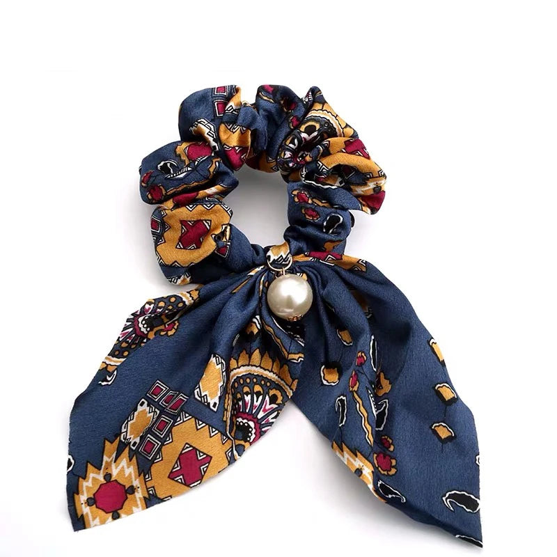 Fashion Bowknot Ponytail Holder Elastic Hair Bands for Girls Flower Printing Hair Accessories Women Hairband Ribbon Headwear