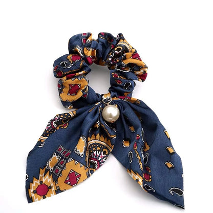 Fashion Bowknot Ponytail Holder Elastic Hair Bands for Girls Flower Printing Hair Accessories Women Hairband Ribbon Headwear